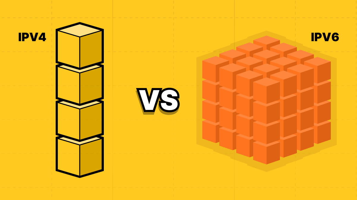 IPv4 vs IPv6: a single stack of IPv4 blocks next to a large cube of IPv6 blocks