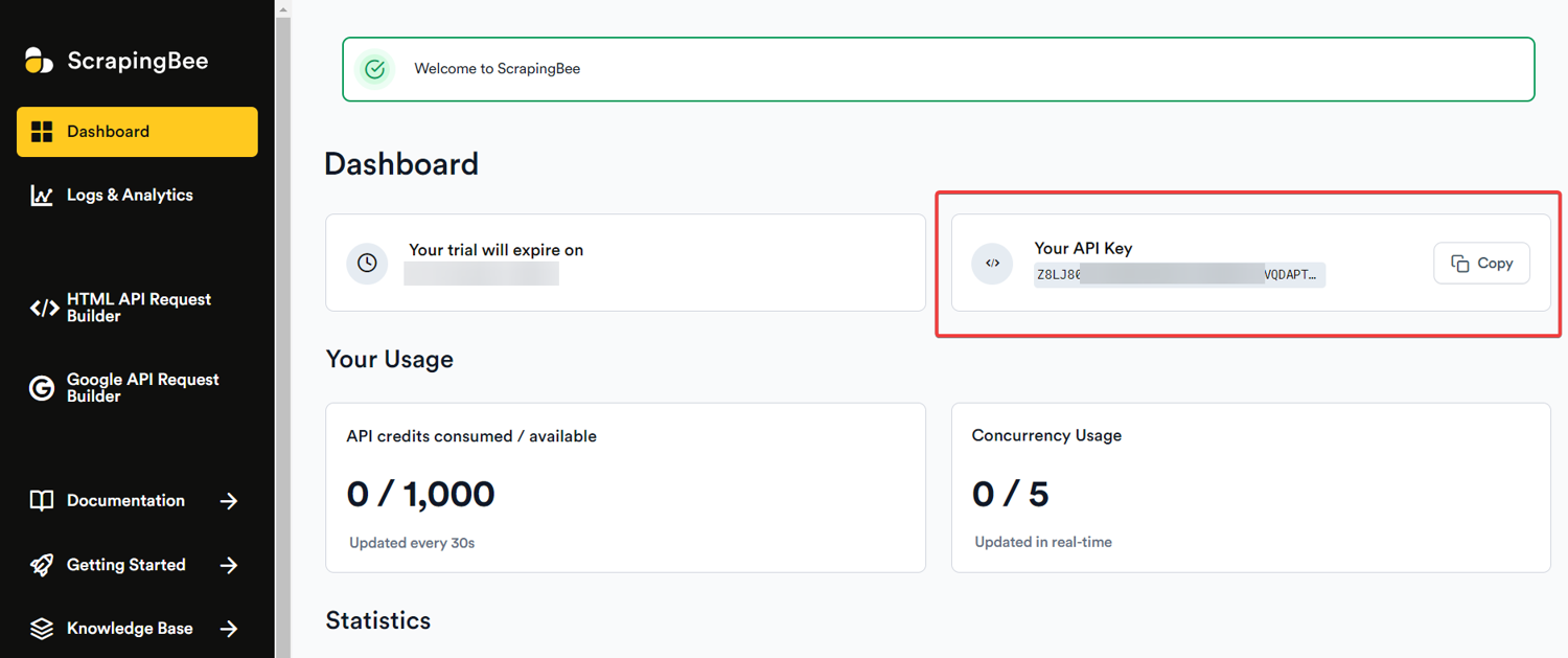 Screenshot of ScrapingBee's dashboard showing the API key location