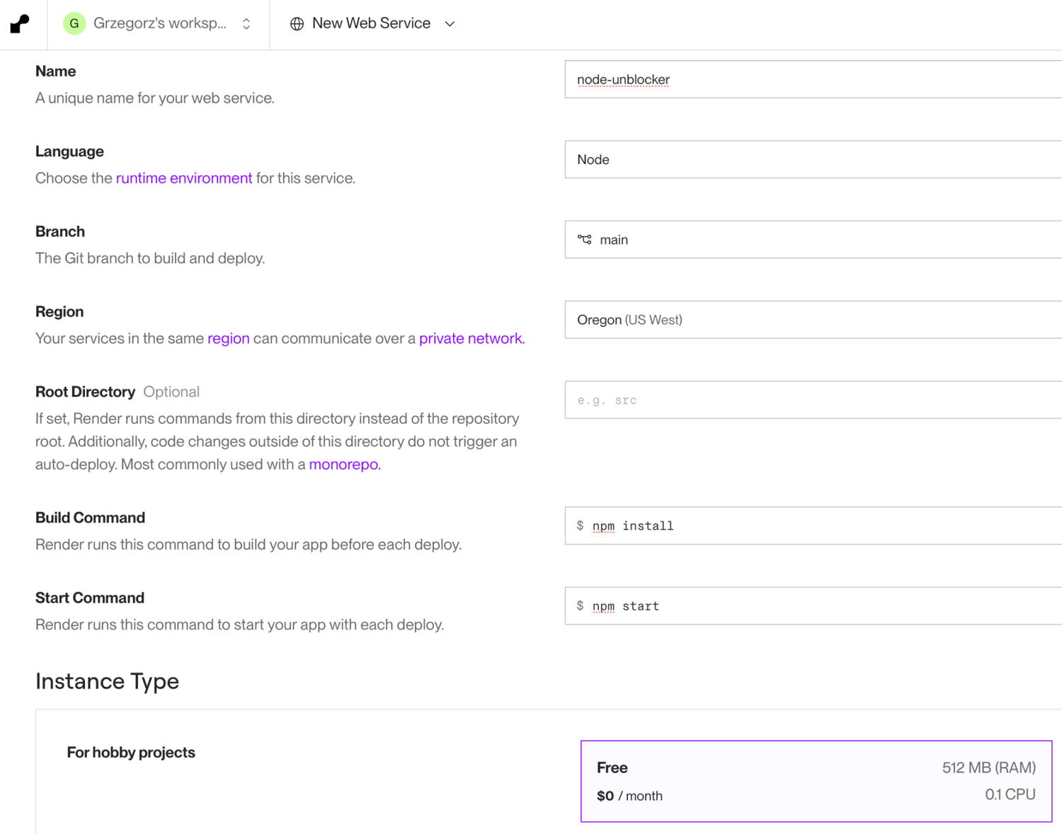 Configuring build/start commands and selecting Render's free instance type