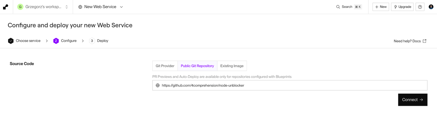 Connecting a GitHub repository to a new Render Web Service