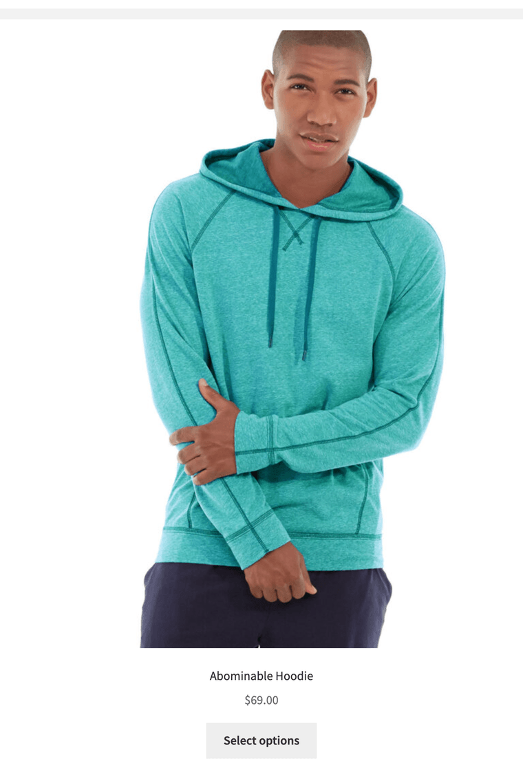 A single WooCommerce product card saved with Element.save_screenshot: a photograph of a hooded sweatshirt above the title Abominable Hoodie, the price $69.00 and a Select options button.
