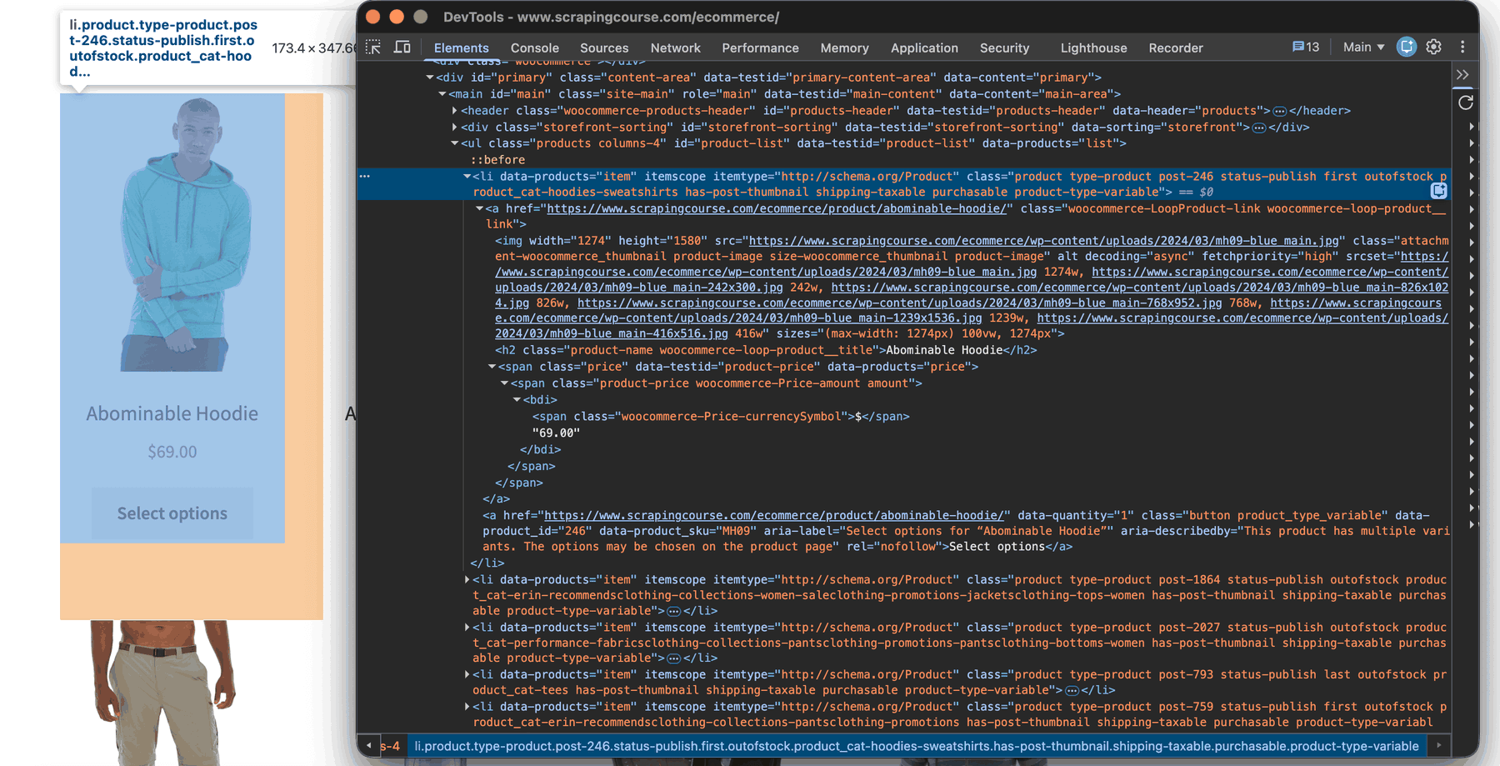 Chrome DevTools inspecting a storefront product card. The selected li carries 11 classes starting product type-product post-246, and its children show the h2 title class and a price span with $ separate from 69.00.