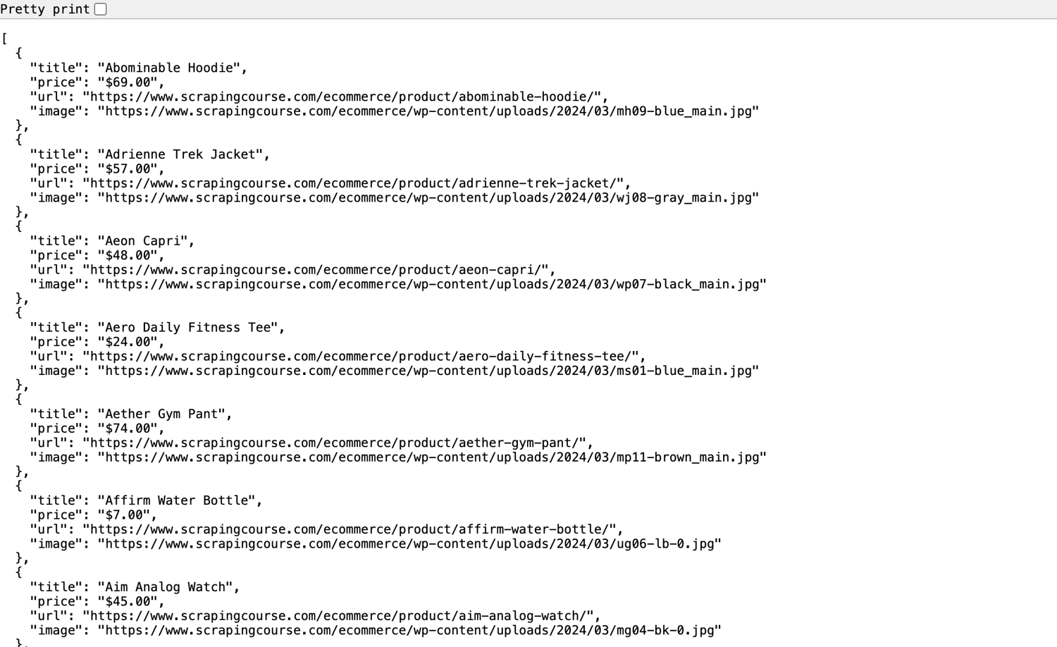 A pretty-printed JSON array open in Chrome, showing scraped product objects. Each has a title such as Abominable Hoodie, a price such as $69.00, a product URL on scrapingcourse.com and an image URL.