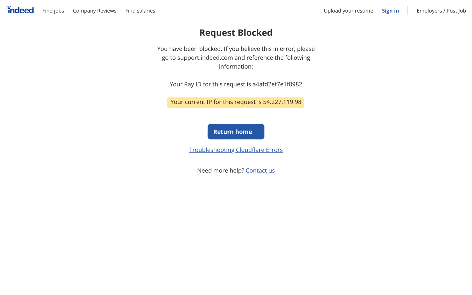 Indeed's Cloudflare block page served to Chromium on AWS Lambda, showing the request's AWS IP address