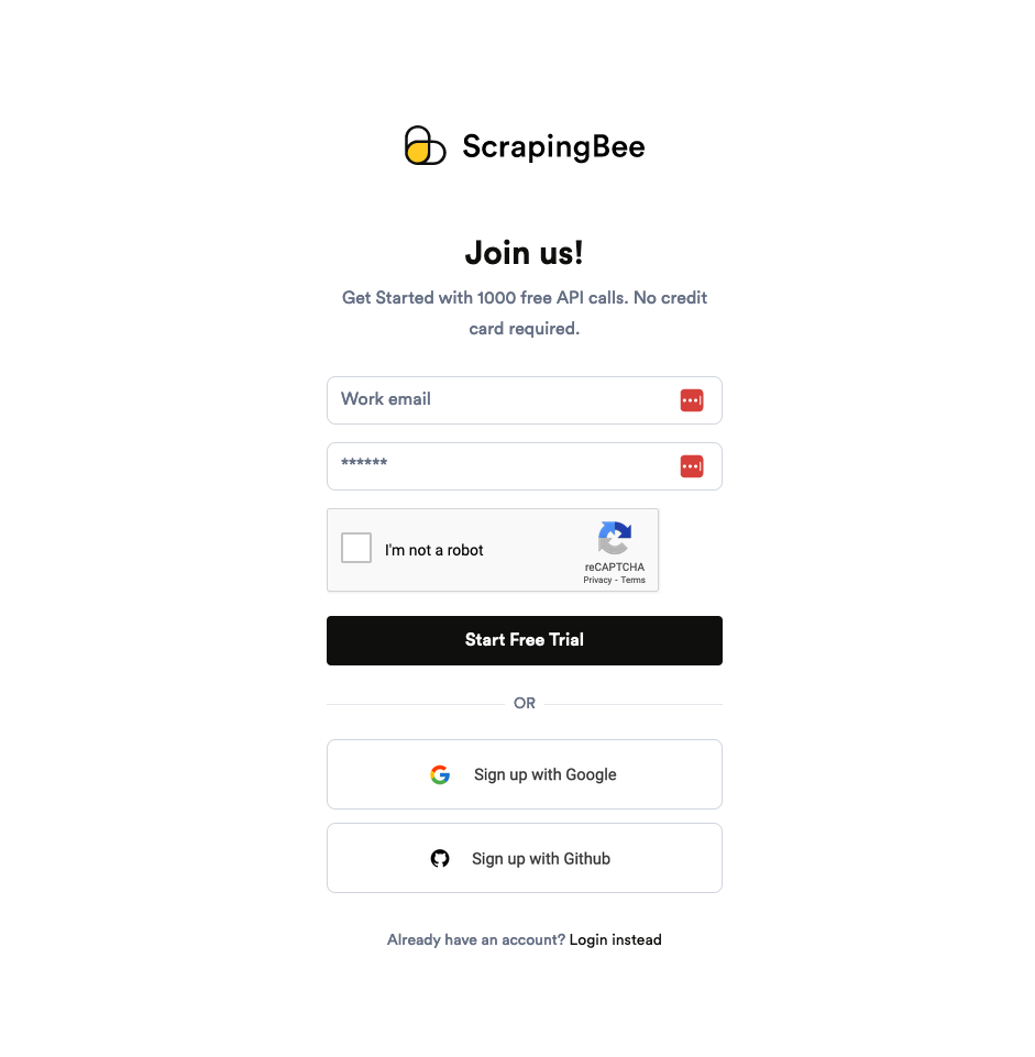 ScrapingBee registration page