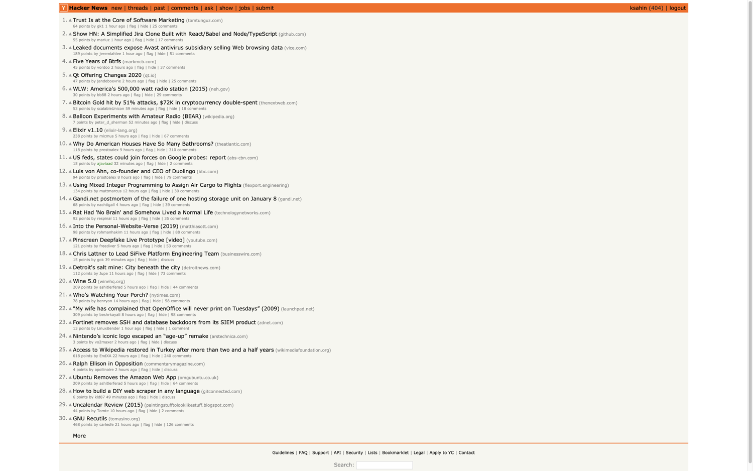 Hacker News main page