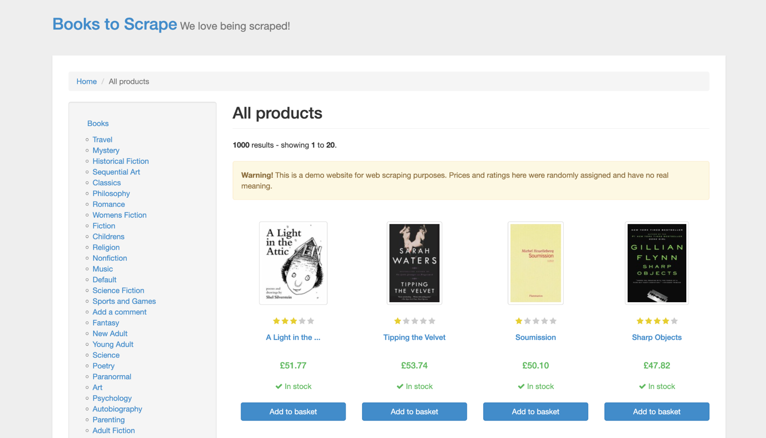 Books to Scrape homepage showing book cards with titles, prices, and ratings