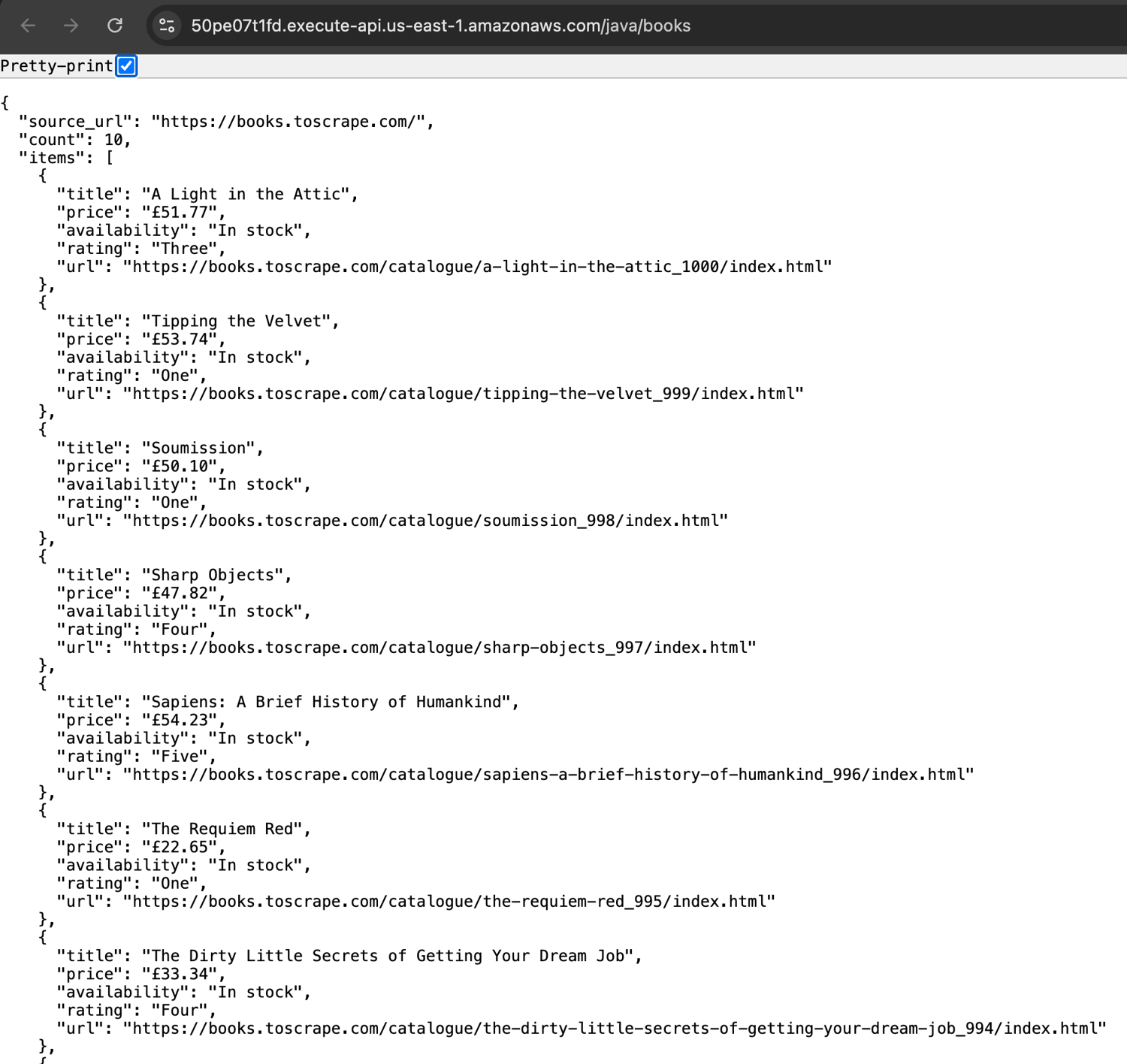 Java Lambda response returning the scraped book data as JSON