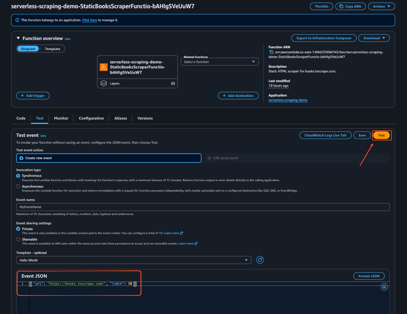 AWS Lambda Functions list in the console showing the deployed scraper function
