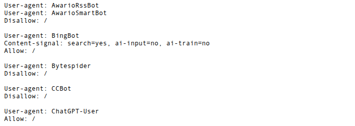 Screenshot of The Atlantic's live robots.txt: Bytespider, CCBot, and AwarioSmartBot each get a flat Disallow, and ChatGPT-User gets a flat Allow, while BingBot carries a Content-signal line reading search=yes, ai-input=no, ai-train=no, giving one crawler 3 different answers by purpose
