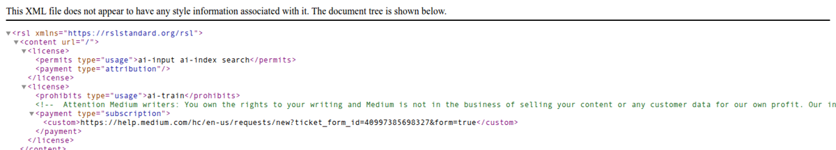 Screenshot of Medium's live license.xml (RSL): one license permits ai-input, ai-index, and search under attribution for free, and a second prohibits ai-train under a subscription payment, with a comment from Medium saying the setting is an instruction to AI companies to contact them so negotiation can begin