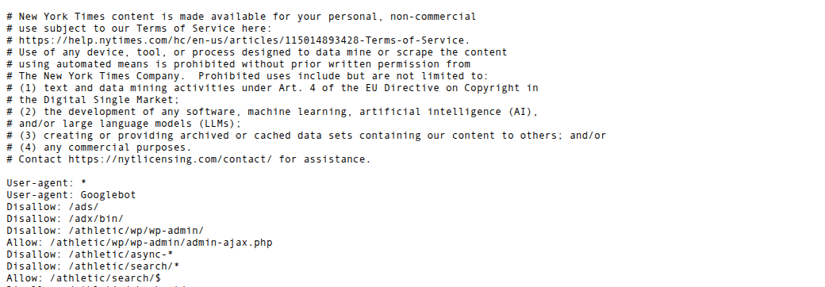 Screenshot of the New York Times robots.txt: its opening comment reserves text and data mining under Article 4 of the EU DSM Directive and prohibits use for AI and large language models, above the crawler rules