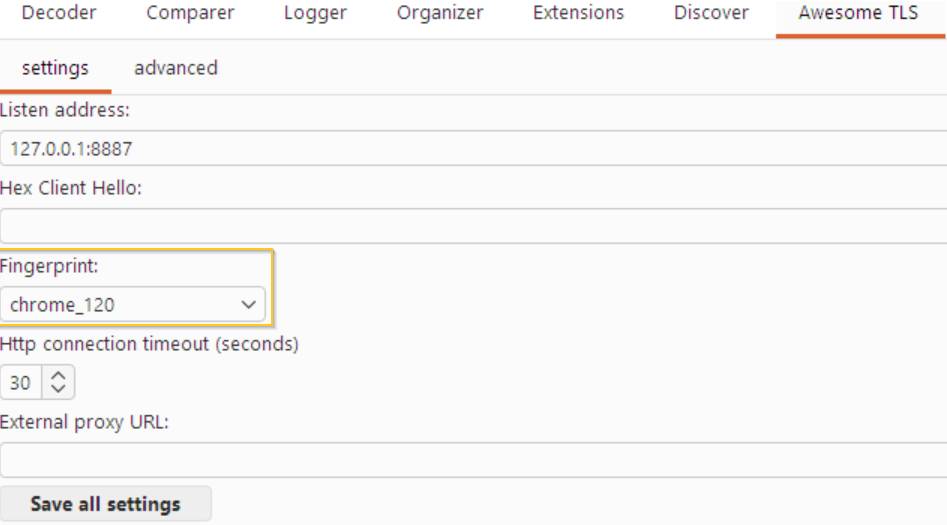 burp-awesome-tls configuration showing a selected browser TLS profile