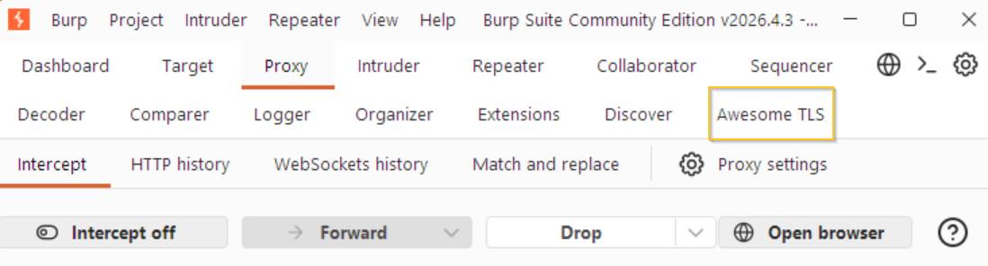 Burp Suite Extender tab with the burp-awesome-tls extension loaded