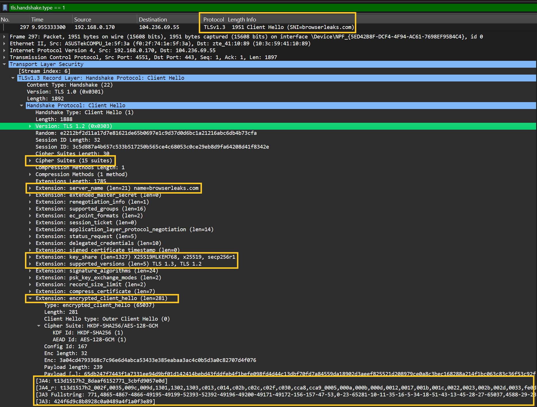 TLS ClientHello showing cipher suites and extensions