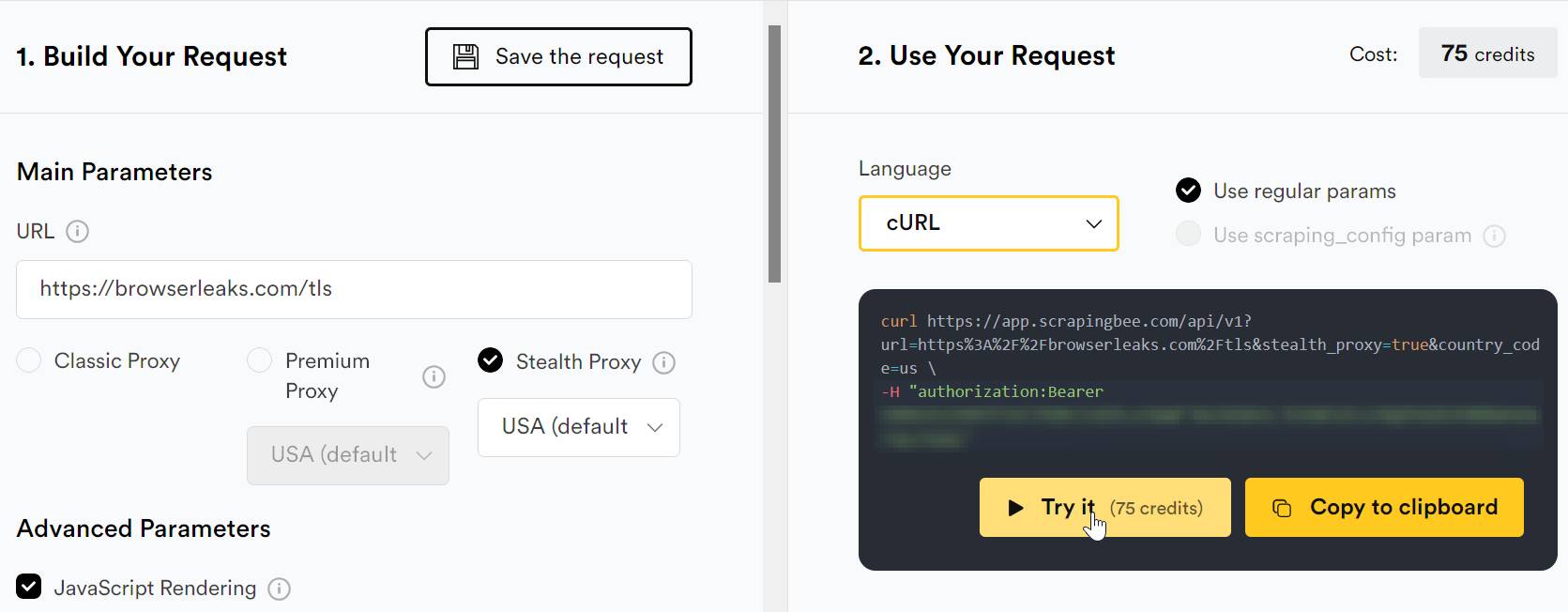 ScrapingBee request builder with the Stealth proxy option enabled