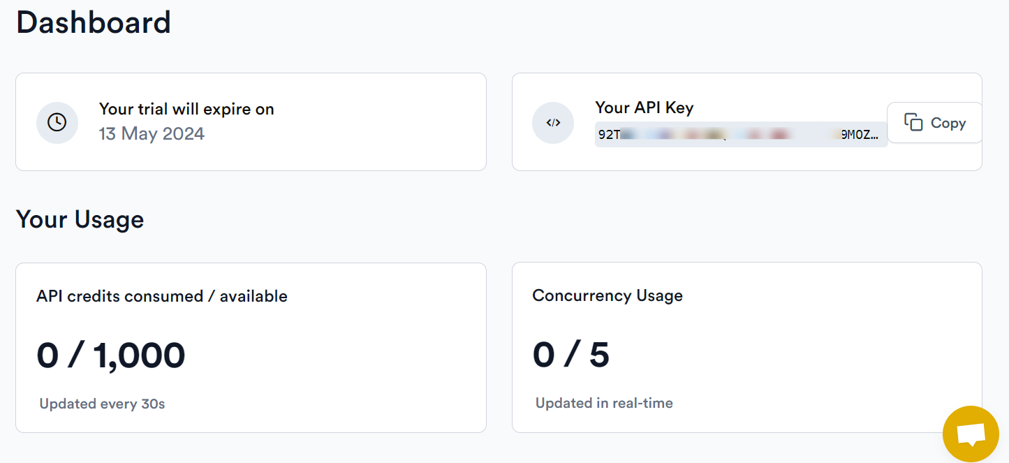 ScrapingBee dashboard with api key