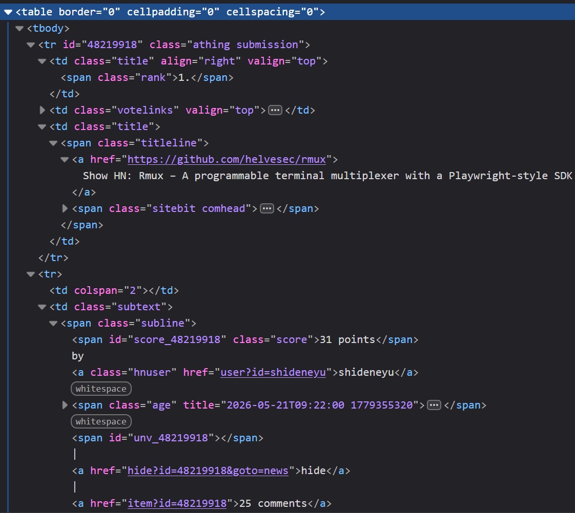 Hacker News homepage opened in Inspector