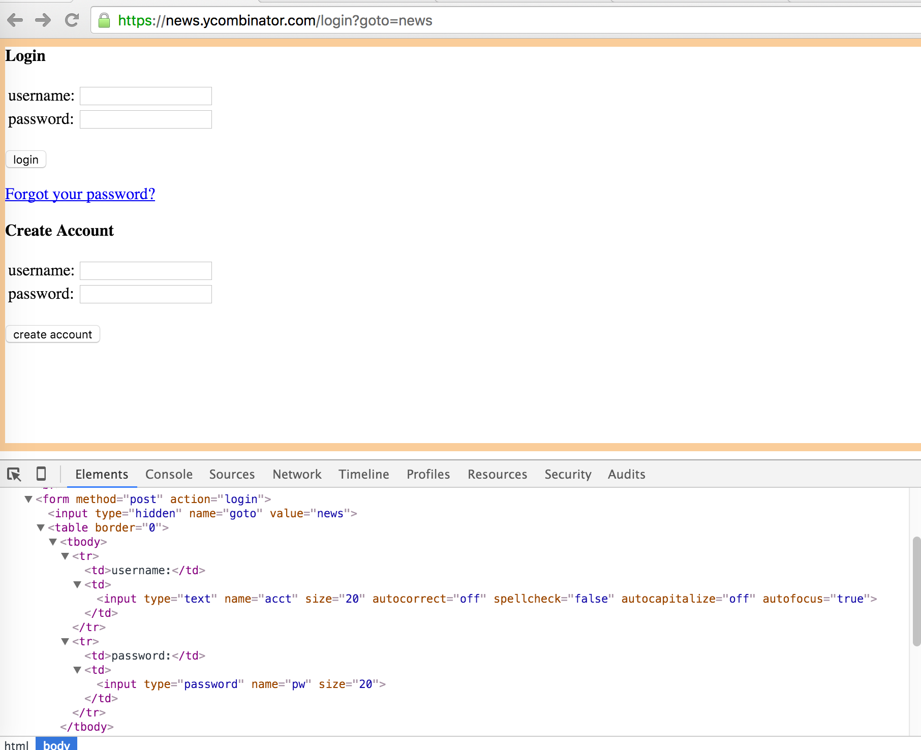 Hacker News login form