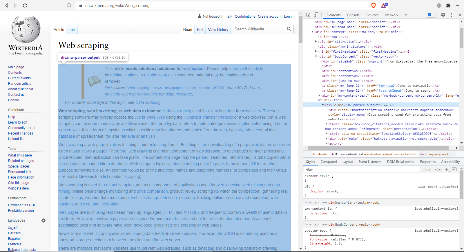 Wikipedia in Dev Tools