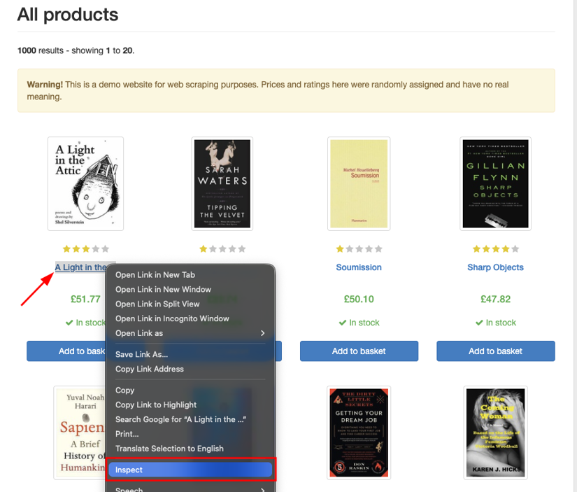 Inspecting the article.product_pod h3 a selector in Chrome DevTools on books.toscrape.com