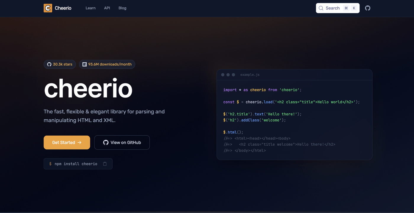 Cheerio npm package page