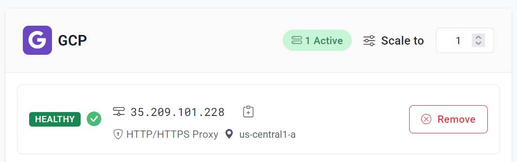 CloudProxy dashboard showing a healthy Google Cloud HTTP/HTTPS proxy with its public IP address and zone.