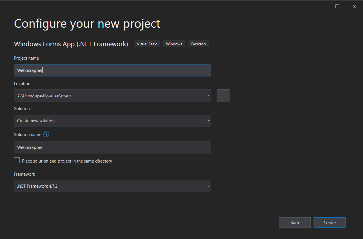 Configure new project—Visual Studio window