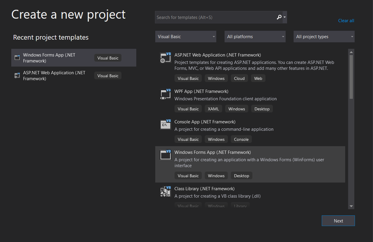 Create new project—Visual Studio window