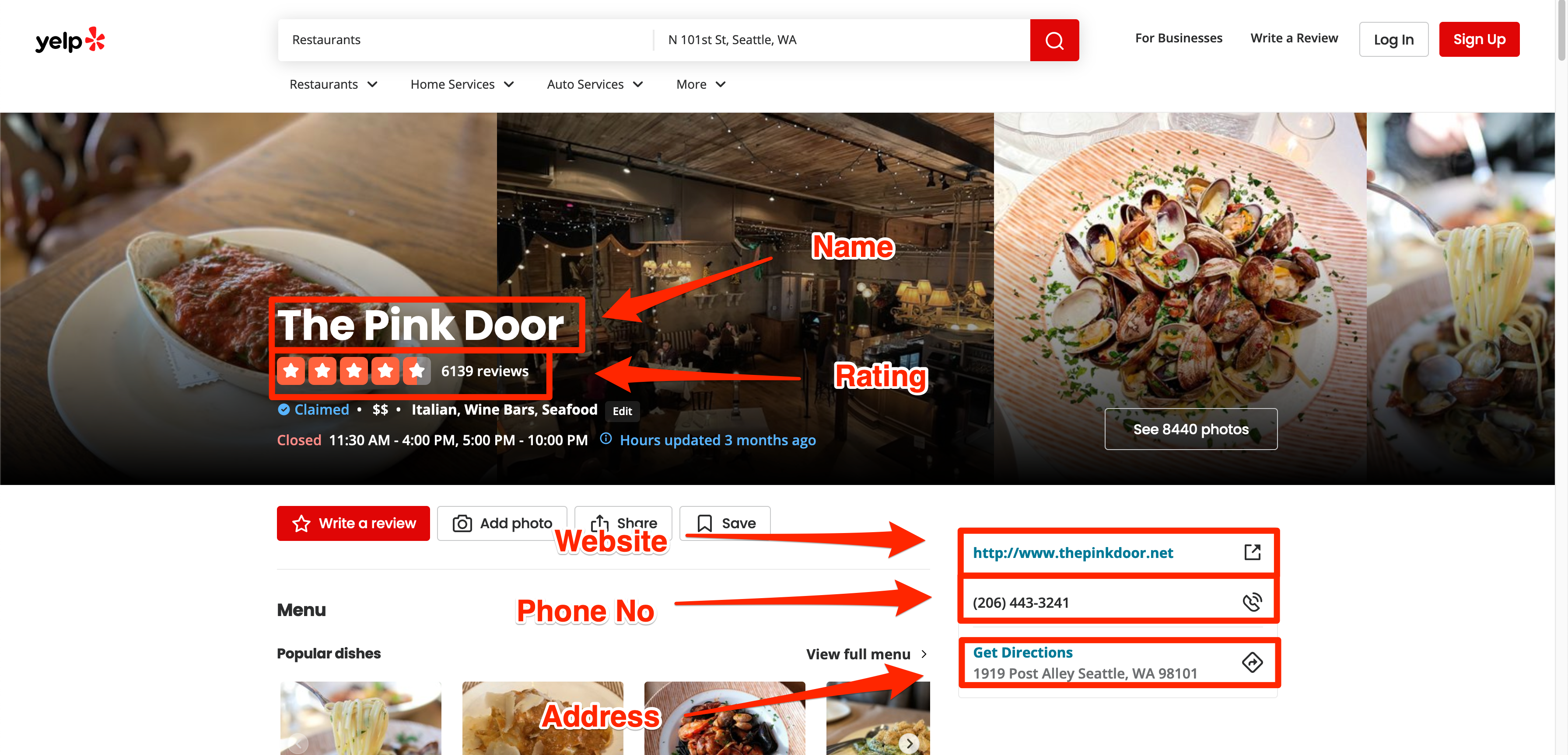 Annotated restaurant page