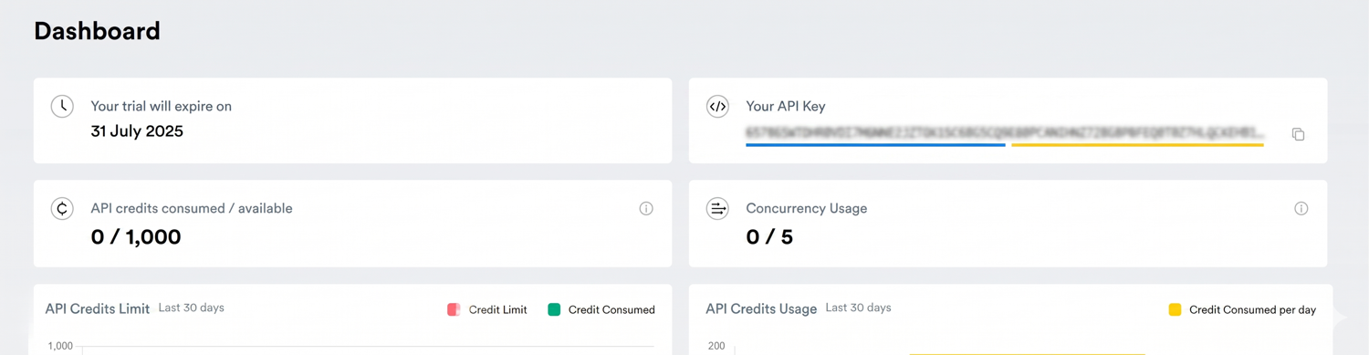 ScrapingBee dashboard with API key