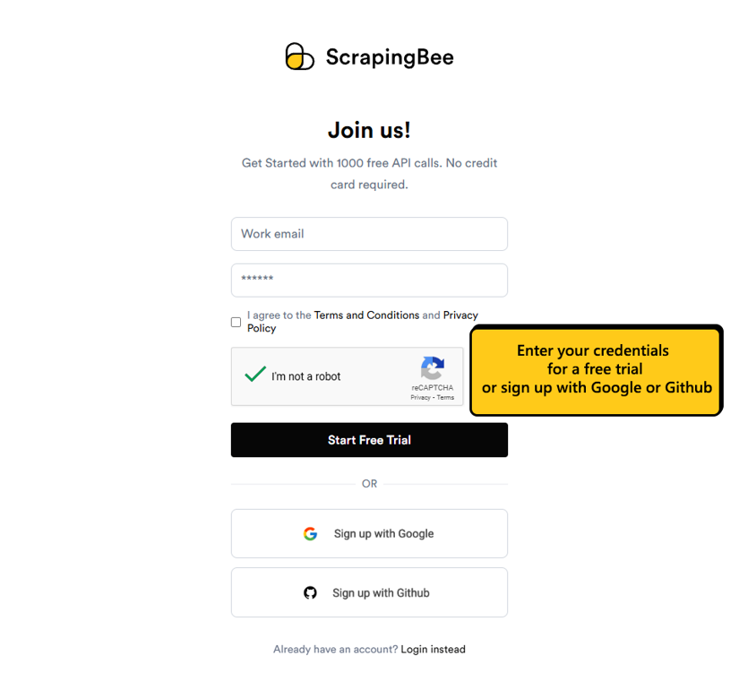 ScrapingBee sign-up page