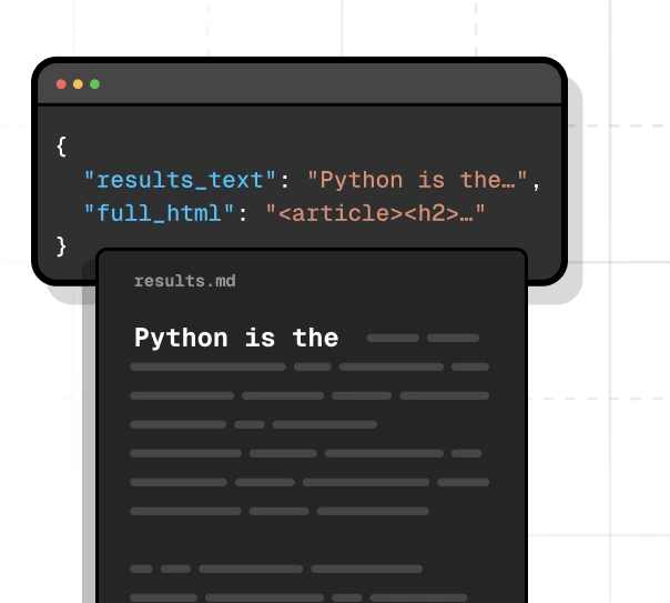 A scraped page returned as JSON and Markdown
