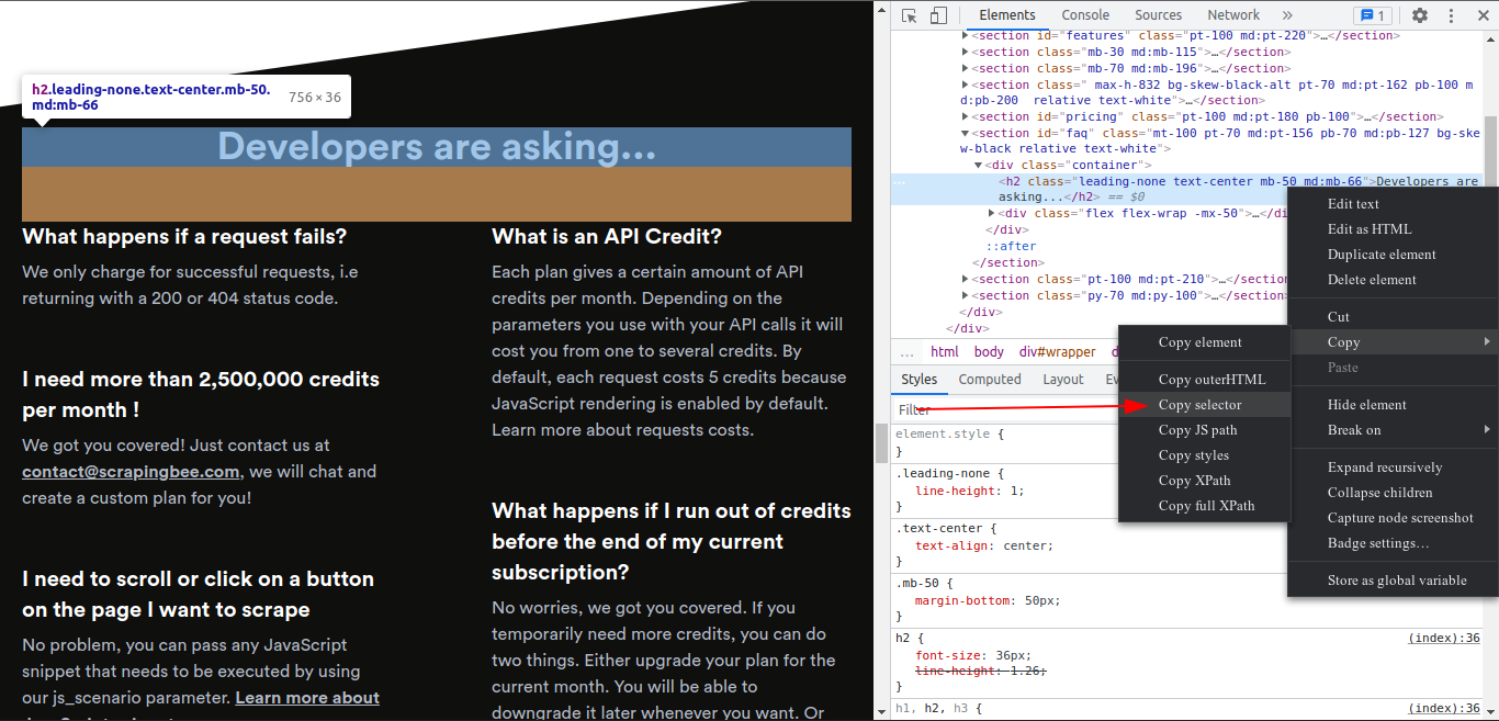Clicking Copy selector in the Chrome DevTools context menu