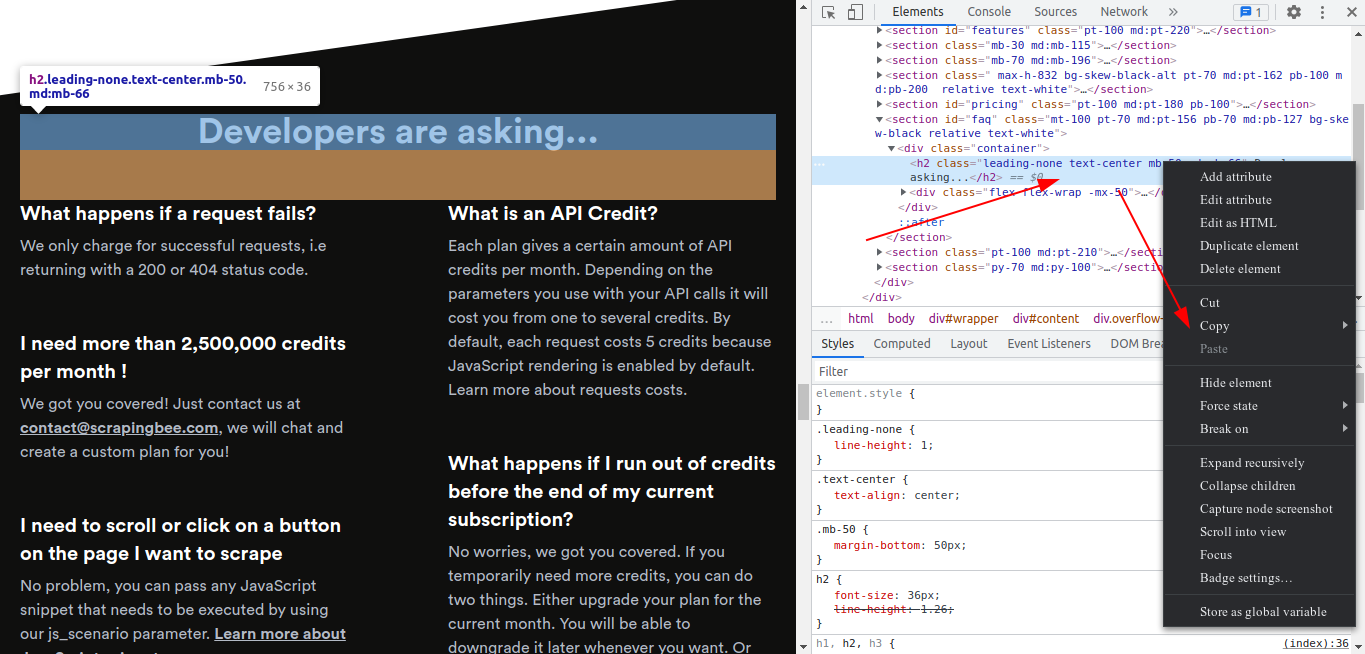 Right-clicking the highlighted HTML in Chrome DevTools