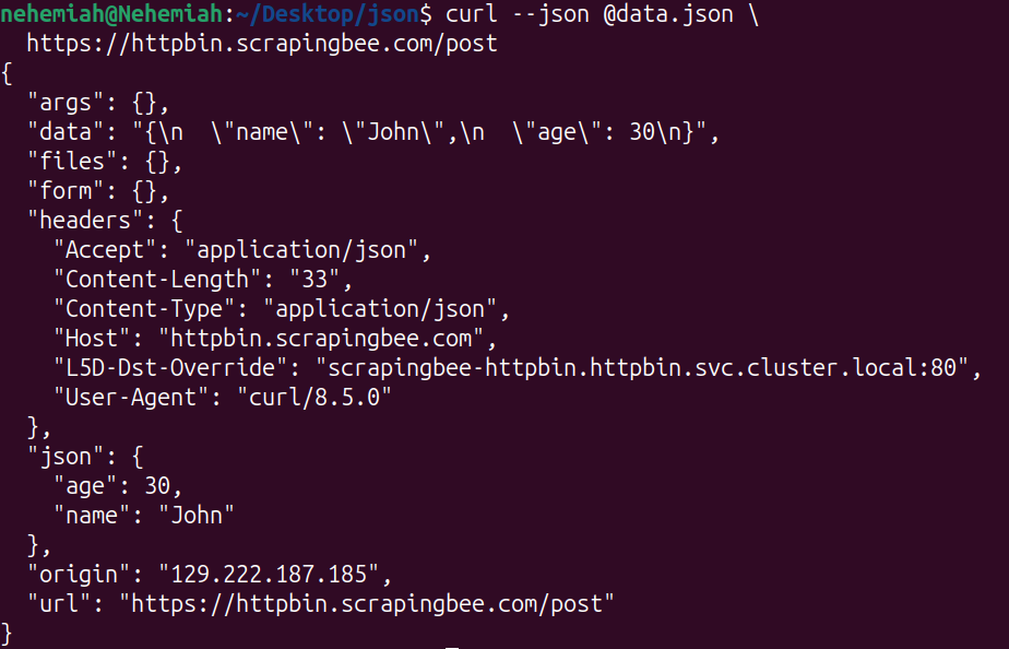 Terminal output showing the HTTPBin response to a cURL --json POST request that reads its body from a data.json file