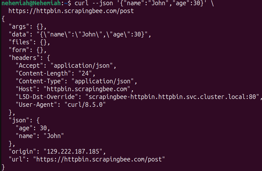 Terminal output showing the HTTPBin response to a cURL --json POST request, with the parsed JSON body and the automatic JSON headers