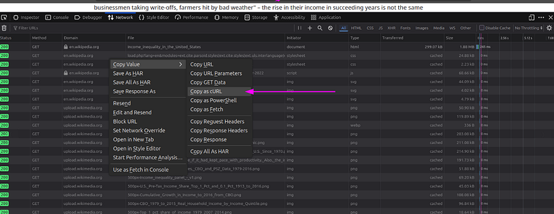 Firefox right-click menu with Copy Value and Copy as cURL options