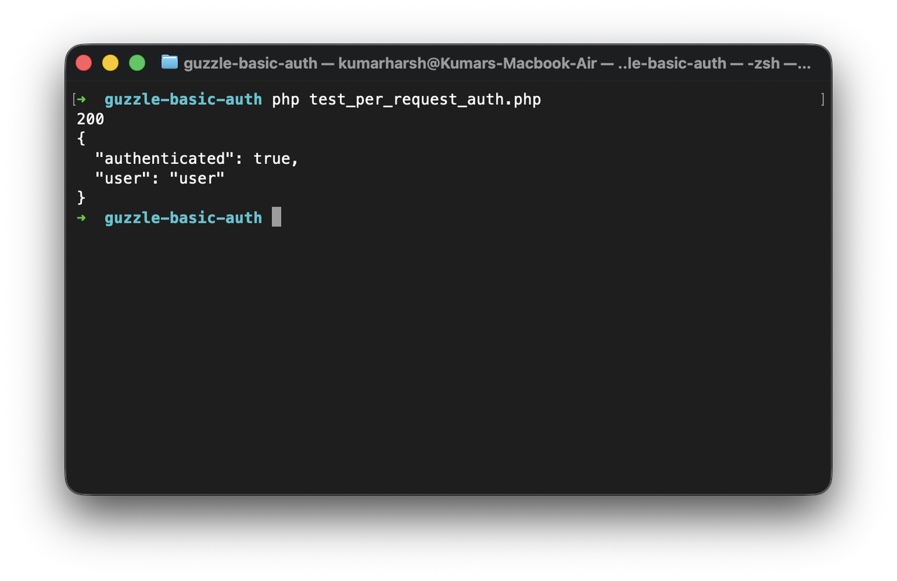 Terminal output of the per-request Guzzle basic auth script showing status 200 and authenticated true