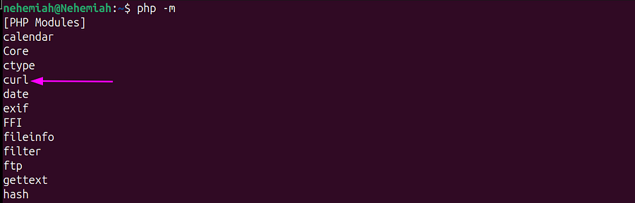 Output of php -m listing the installed PHP modules with curl highlighted