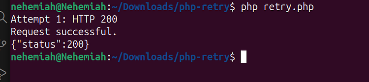 Terminal output showing the PHP retry loop stopping after a successful HTTP 200 response