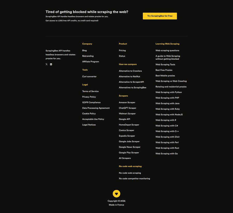 Screenshot of the ScrapingBee blog footer captured with the screenshot_selector parameter.