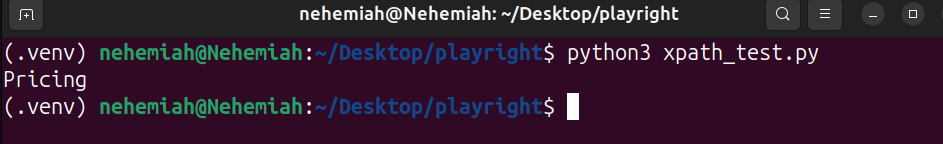 Terminal output showing the Pricing link text matched by a Playwright XPath attribute selector