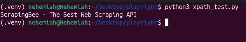 Terminal output showing the ScrapingBee homepage title read with a Playwright XPath locator