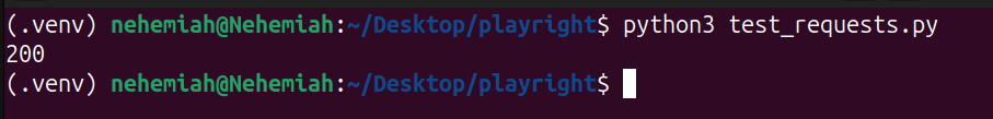 Terminal output showing the HTTP status code 200 returned by a Python requests GET request