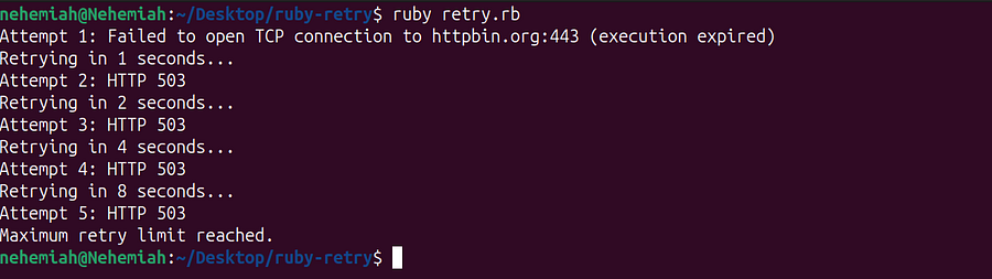 Ruby retry script output showing five attempts against a URL returning a 503 error